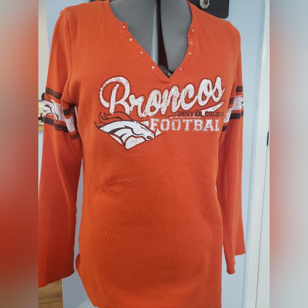 Denver Broncos v neck long sleeve, Swarovski crystals embellished thermal t shir